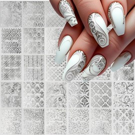 30 Sheets Silver Nail Art Stickers 3D Self-Adhesive Silver Lace Hollow Nail Decals Silver Retro Nail Stickers Adhesive Nail Supplies Nail Art Design for DIY Acrylic Nails Decoration for Women