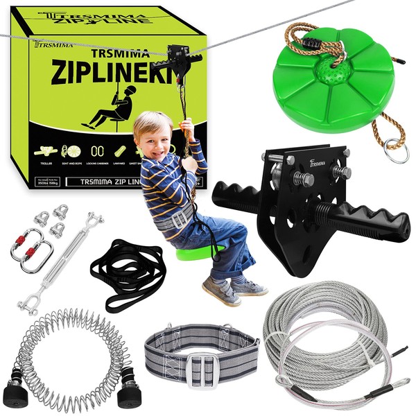 100 ft /120 ft /150 ft/180ft Zip Line Kit for Kids and Adult Up to 380 lb - Updated Removable Design Trolley and Thickened Seat, 100% Rust Proof W/ Safety Harness - Zipline Kits for Backyard