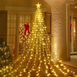 Waterfall Tree Lights, 2m/ 6.56ft x 9 Lines USB Christmas Tree Lights with Topper Star, 198 LEDs Waterproof Fairy Lights with 8 Lighting Modes for Indoor Outdoor Xmas Tree Garden Decor