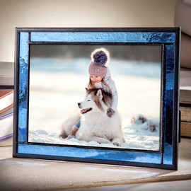 J Devlin Glass Art Blue Stained Glass Picture Frame – 5x7 Photo Frame, Decorative Glass Frame, Vertical or Horizontal Display