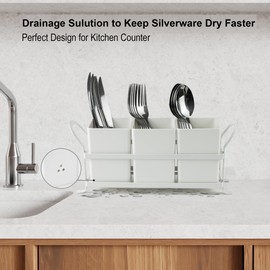 KAQAHIDO Utensil Caddy with Drain Holes, Cutlery Organizer for Kitchen Countertop Drawer 3pcs Bins Set Silverware Holder for Spoon, Fork and Knife, White