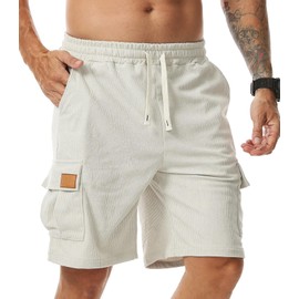 Surenow Mens Cargo Corduroy Shorts Running Breathable Summer Beach Shorts Elastic Waistband Drawstring Casual Shorts Beige