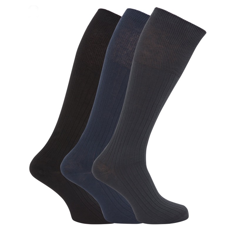 Mens ribbed knee high 100% cotton socks (Pack of 3)