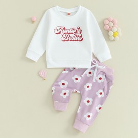 Toddler Baby Girl Fall Outfits Mama's My Bestie/Auntie's Bestie Sweatshirts Top Floral Pants Set 2Pcs Winter Clothes (White, 0-6 Months)