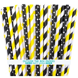 Outside the Box Papers Bee Theme Striped and Polka Dot Paper Straws 7.75 Inches 100 Pack Black, Yellow, White
