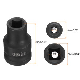 sourcing map 4 Point Square Socket 1/2" Drive 8mm Metric Square Impact Socket CR-MO Blackening Standard Wheel Sockets Pneumatic Socket Tool for Auto Repair Mechanical Maintenance Home Use