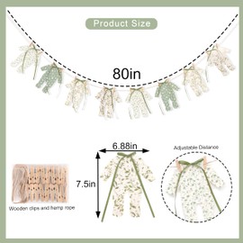 7pcs Neutral Baby Shower Bunting - Green Baby Pajamas with Ribbon Bows, Gender-Revealing Neutral Party Supplies, Clothesline Birthday Party Banner (Baby Shower Banner Green)