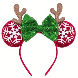 1 Pack Christmas Snowflake Headbands Mouse Ears Hairband Elk Antler Hair Hoop Green Red Glitter Sequins Bow Headband Hair Ornament for Christmas Cosplay Princess Dress Up Party Hair Accessories