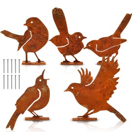 5Pcs Rusty Birds Decoration Metal Art Set Rusty Metal Birds with Rusted Coating Metal Birds Statues Outdoor Metal Ornaments Birds Metal Birds Silhouette for Fences Branches Windowsills Garden