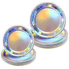 Aeaocvo 50 Pack Iridescent Disposable Plates, 7" and 9" Holographic Glitter Paper Plates for Party, Wedding, Birthday, Baby Shower, Picnic, BBQ