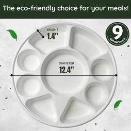 9 Compartment Round Biodegradable Divided Plates 50 Count