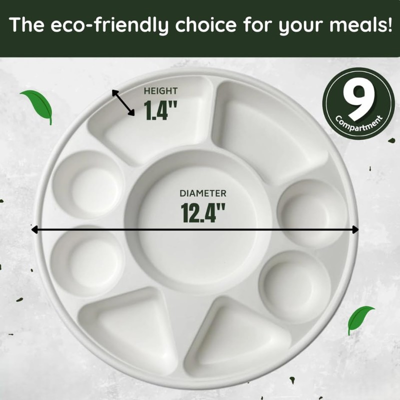 9 Compartment Round Biodegradable Divided Plates 50 Count
