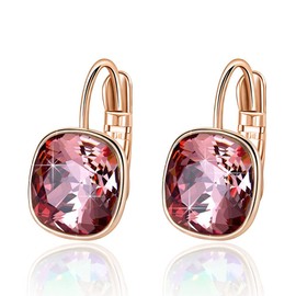 Austrian Crystal Square Cushion Drop Leverback Earrings for Women 14K Rose Gold Plated Hypoallergenic Jewelry (Antique Pink)