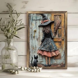 Rustic Long Wooden Framed Art " Carved Witch Wooden Door Relief Sculpture " Farmhouse Style Wall Decor Sign for Tabletop Or Hanging - Durable Handcrafted Wood Print - Home & Office Decoration