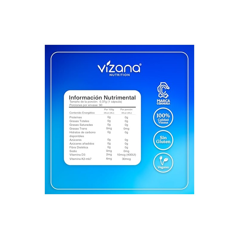 VIZANA NUTRITION | Vitamina K2-MK7 + D3 en Cápsulas HPMC