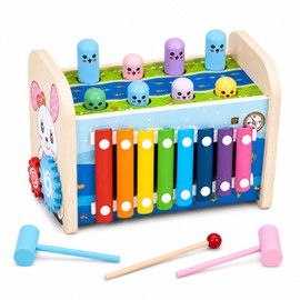 4-in-1 Wooden Hammering Toy with Xylophone, Clock and Gears, Ages 3+
