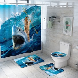 Planially 4Pcs Funny Cat Shark Waterproof Shower Curtain Sets,Ocean Bathroom Sets with Shower Curtain, Toilet Lid Rug, Contour Mat and Bath Mat, 12 Hooks for Bathroom Set Decor