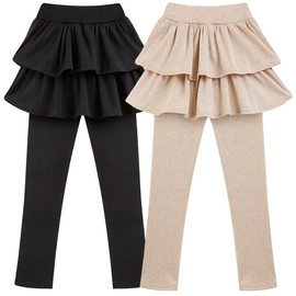 GUOGUOWU Girls School Uniform Pants Leggings with Skirts Stretch Warm Jegging 4-12 Years Black Khaki 2-Pack 7-8 Years