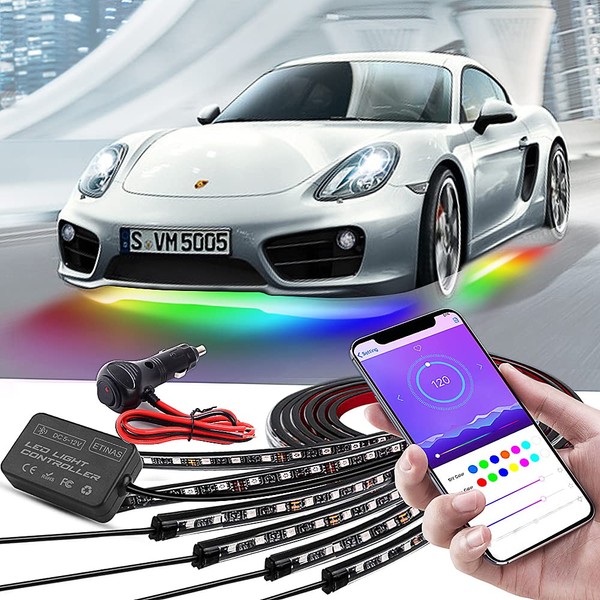 Car Underglow Lights, Bluetooth Dream Color Chasing Strip Lights Kit, 6 PCS Waterproof Exterior Car Lights with APP Control, 12V 300 LEDs Underbody Lights for All Cars