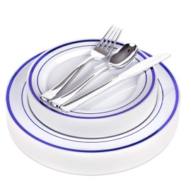 125-Piece White and Silver Floral Fancy Plastic Plates Disposable with Silverware, Elegant Dinnerware for Weddings, Holiday Party China, Set of 25 Dinner + Salad Plates, 25 Spoons, 25 Forks, 25 Knives