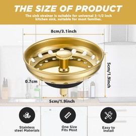 Retisee 2 Pcs Kitchen Sink Stopper Strainer Stainless Steel Drain Strainers for Universal 3-1/2 Inch Kitchen Sink Drain Replacement(Gold)