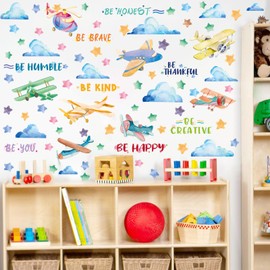 Aurlan Airplane Wall Decal,Inspirational Quotes Wall Stickers,Cloud Stars Window Sticker,Motivational Words Window Cling,Airplane Be Kind Decor for Kids Bedroom Kindergarten Playroom School Classroom