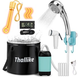 Thallike Portable Hot Shower for Camping, 1000W Immersion Heated, Rechargeable Camping Shower Pump, 6.6 Gallons Folding Bucket for Camping, Hiking, Traveling, Washing