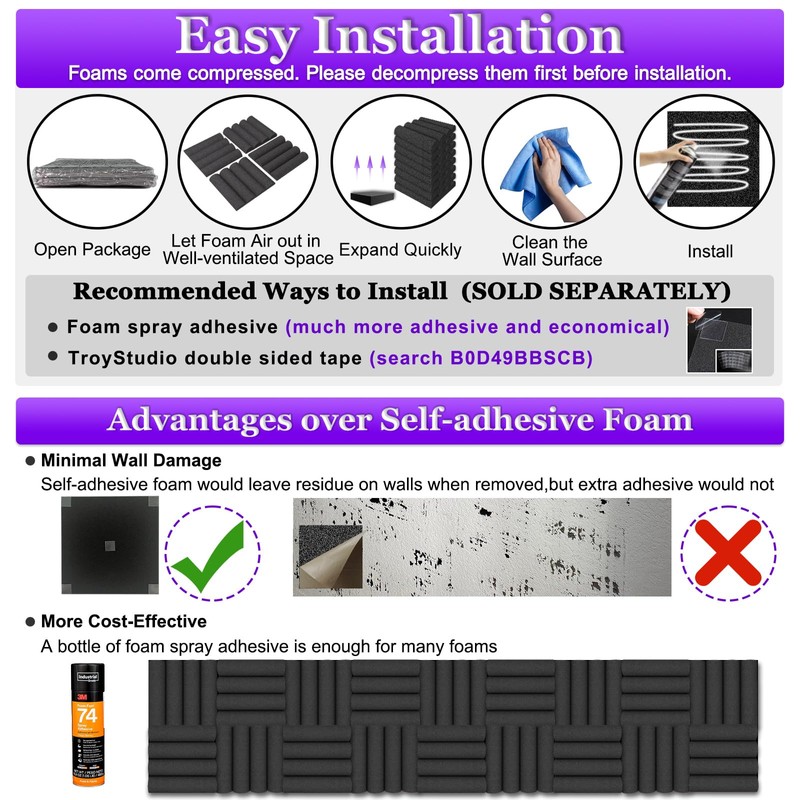 TroyStudio Thick Acoustic Foam Panels, 12 X 12 X 2