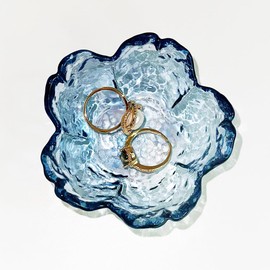 Floral Glass Ring Dish Holder for Jewelry Decorative Trinket Tray for Rings, Earrings, Cute Vanity Organiser Room Decor Aesthetic Decor Trinket Dish Valentine's Birthday Gifts for Women Blue Crystal