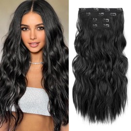 Hair Extensions Clip in 4PCS Clip in Hair Extension Thick Clip in Hairpieces Long Wavy Natural Synthetic Clip in Hair Extensions for Women (Black, 20inch)