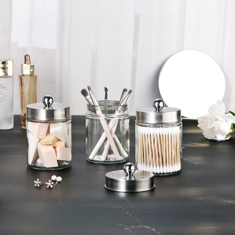 3PC Apothecary Jar Canisters Bathroom Vanity Organizer - Qtip Holder