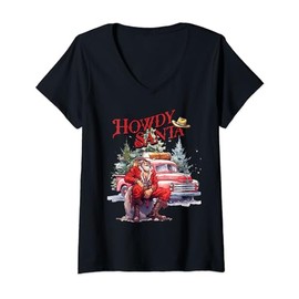 Western Christmas Santa Cowboy Red Howdy Red Truck V Neck T-Shirt, black