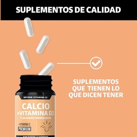 Beyond Vitamins | Calcio 1000 + Vitamina D3 | Potenciado con Colágeno Hidrolizado y Vitamina C | Caltrato 1000mg con Cápsula Vegana para todas las die