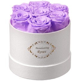 Beaulasting Roses Preserved Roses in a Box Long Lasting Roses Last a Year Forever Romantic Gifts for Her Mother's Day Valentine's Day Anniversary Birthday (Round White Box, 7 Light Purple Roses)