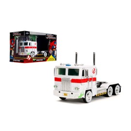 Jada Transformers G1 Optimus Prime Big Rig with Ghostbusters Ecto-1 Graphics - Die-Cast Vehicle - 1:24 Scale, Opening Doors, Hood & Trunk, Rubber Tires - Ages 8+ - White/Green