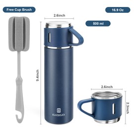 Stainless Steel Thermo 500ml/16.9oz Vacuum Insulated Bottle with Cup for Coffee Hot Drink and Cold Drink Water Flask.(Blue,Set)