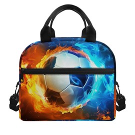 Showudesigns Water Flame Football Insulated Lunch Bags for Women Small Cute Cooler Bag Soccer Lunch Box Reusable Shopping Bag with Adjustable Shoulder Strap Meal Container Lunch Tote Bag