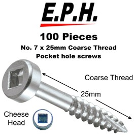 EPH Pocket Hole Screws for Softwoods & Man-made Boards, # No.7 x 25mm Long, Pack of 100, Coarse Self-Cutting Screw with Robinson 2 Square Drive, EPHS725100C, Silver