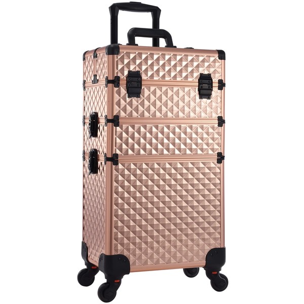Adazzo 3 in 1 Professional Rolling Makeup Train Case Aluminum Trolley Case with 360° Rotation Wheels for Makuep Artist Cosmetic Suitcase Organizer with Lock and Key Diamond Pattern - Rose Gold