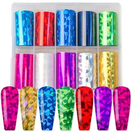 DANNEASY 10 Roll Iridescent Cellophane Nail Foil Transfer Holographic Foils Sheets Aurora Glass Nails Stickers Starry Sky Nail Art Foil Glitter Nails Design 3D Manicure Decoration
