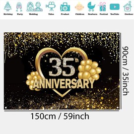 Happy 35th Anniversary Banner Background Decorations, Wedding Anniversary 35th Happy Anniversary Party Poster Accessories Fabric Sign Poster, Black Gold Anniversary Decor, 1.5m