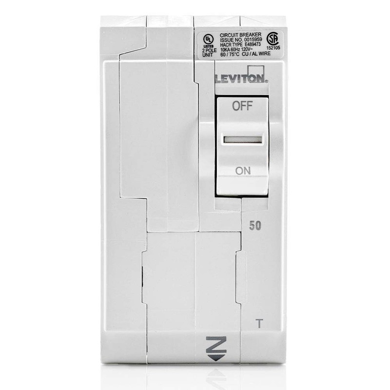 Leviton 50A 2-Pole Plug-On Standard Branch Circuit Breaker, Thermal Magnetic,