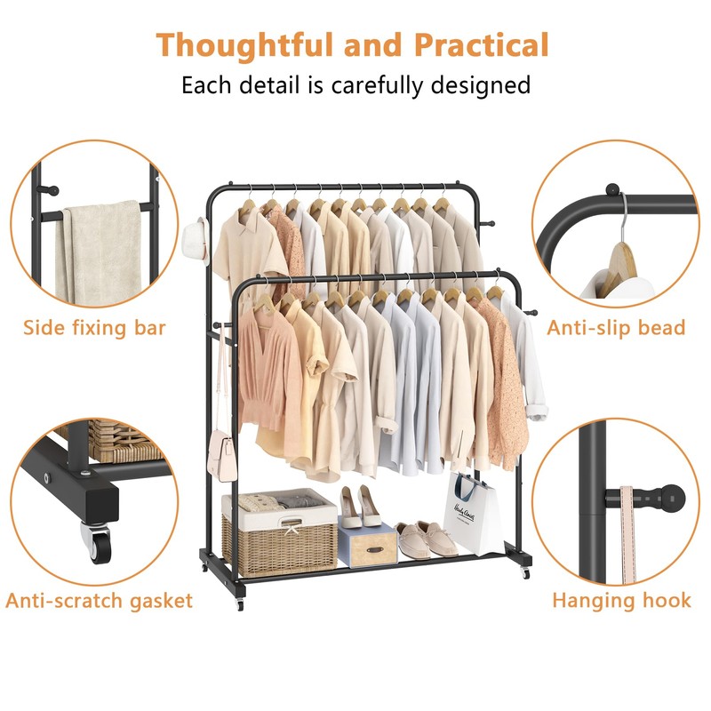 Laiensia Double Rods Garment Rack with Wheels, Clothing Rack for