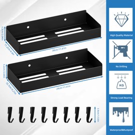 Wisfame Shower Shelf, No Drilling, Pack of 2, Rustproof Bathroom Organiser, 30 cm Shower Shelf with 8 Hooks, Shampoo Holder for Shower, Matt Black Metal Shower Basket