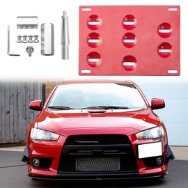 x xotic tech JDM No Drill Front Bumper Tow Hook License Plate Mounting Bracket Adapter Kit Compatible with Mitsubishi 2008-2016 Lancer Evolution Evo X 10 / Lancer Ralliart (Red)