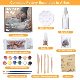 Air Dry Clay Pottery Kit for Beginners Advanced, Natural Air-Dry Clay Natural, 28 Pcs Paint Brushes Sponge Pottery Clay Sculpting Tool Set, All-Purpose Modeling Clay for Sculpting Home DIY Clay Kit