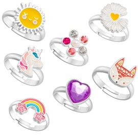 PinkSheep Little Girl Dress Up Rings Set, Adjustable, Unique Designs, Pretend Play Jewellery in Box (7pcs-Heart box)