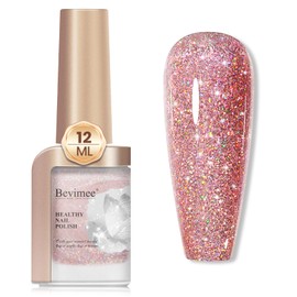 Bevimee Glitter Nail Polish Quick Dry 12ML Shimmer Holographic Reflective Air Fast Drying Iridescent Nail Lacquer Nail Art for Beginner-1PC, Pink Orange