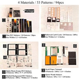 94 Pcs Movie Film Stickers for Scrapbook Kit, Film Strip Photo Frame for Scrapbooking Supplies, Quote Stickers for Journal Planner DIY Craft