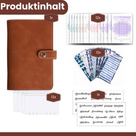 Budget Planner German - Household Book with Money Compartments and Films - Savings Book Binder DIN A6 for Envelope Method - Budget Planner with Labels and Accessories (Brown 2)